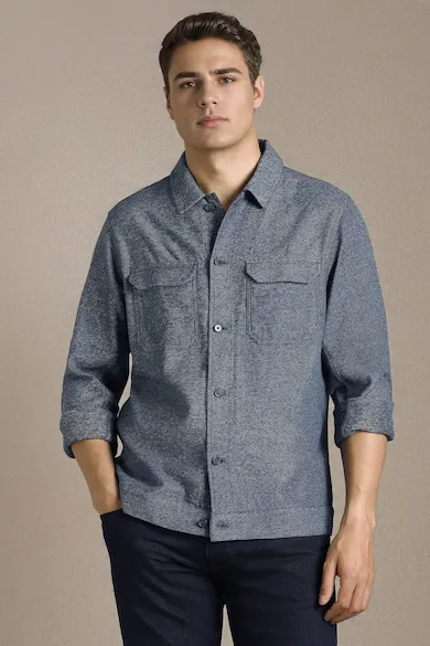 Men Casual Blue Textured Shacket